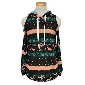 Miss U Sweater Christmas Womens Large Black Green NWT Winter Cold Shoulder
